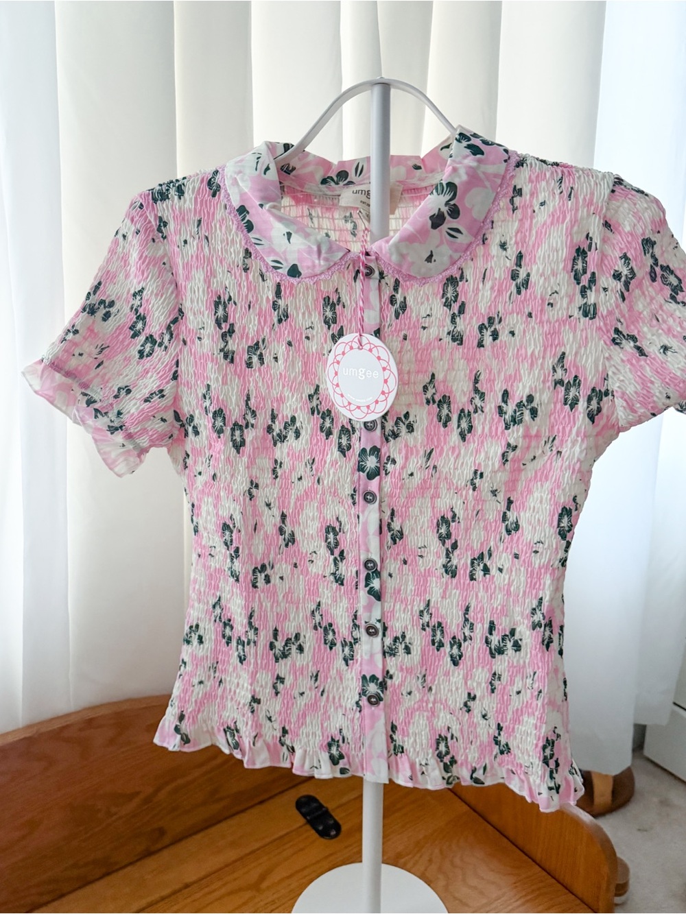 Umgee Pink Floral Button-Front Ruffle Collar Top